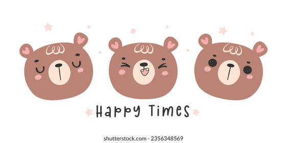 Cute Happy Bear Faces Cartoon characters banner. Hand-Drawn Doodle Illustration. Perfect for kids' art and animal lovers, greeting card, shirt printable.