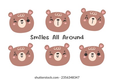 Cute Happy Bear Faces Emoji Cartoon characters. Hand-Drawn Doodle Illustration. Perfect for kids' art and animal lovers, greeting card, shirt printable.