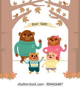 Cute happy bear family characters with warm clothes together on autumn forest