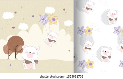 cute happy bear flying seamless pattern