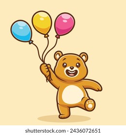 Cute happy bear grab colorful balloon cartoon style design vector illustration