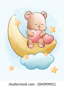 cute happy bear on the crescent moon cartoon illustration, watercolor animals Isolated on white background, for cover book, print, baby shower, nursery decorations, birthday invitations, greeting card