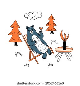 Cute happy bear sitting in a deck chair drinking fancy cocktail, relaxed smile. Hand drawing vector illustration doodle style. Badge, tag for children clothes. T shirt design, card, banner template