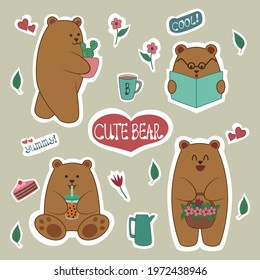 Cute happy bear sticker vector. Brown bear with boba, reading book, bringing flowers and cactus. Animal cartoon vector.