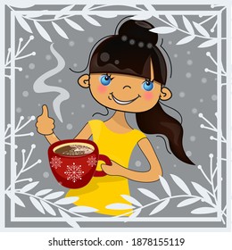 Cute, happy, beautiful girl drinking coffee on a background of snow patterns. Children's emotions . Vector decorative.