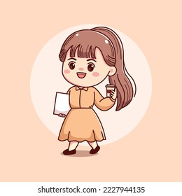 Cute happy beautiful girl with paper and coffee mascot character cartoon illustration