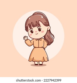 Cute happy beautiful girl waving hand kawaii chibi mascot character cartoon illustration