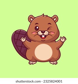 Cute Happy Beaver Cartoon Vector Icon Illustration. Animal Nature Icon Concept Isolated Premium Vector. Flat Cartoon Style