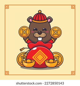 Cute happy beaver in chinese new year cartoon vector Illustration. 
Vector cartoon Illustration suitable for poster, brochure, web, mascot, sticker, logo and icon.