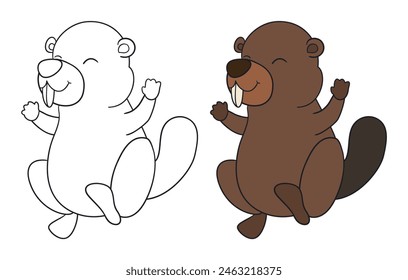 Cute and happy beaver in outlines and color version to coloring activities.