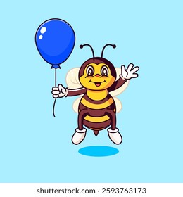 Cute Happy Bee with Balloon Illustration, Cartoon Design Vector 