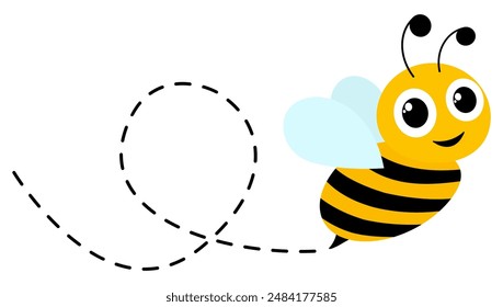 Cute happy bee with big eyes. Bee flying on dotted route. Vector illustration isolated on white background.