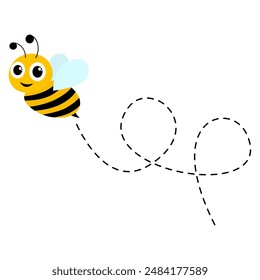 Abeja feliz linda con ojos grandes. Abeja volando en ruta punteada. Ilustración vectorial aislada sobre fondo blanco.