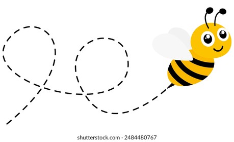 Cute happy bee with big eyes. Bee flying on dotted route. Vector illustration isolated on white background.