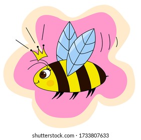 Cute happy bee flying on a pink abstract background. Illustration for the design of children's items of clothing, dishes, covers, wrappers, greeting cards