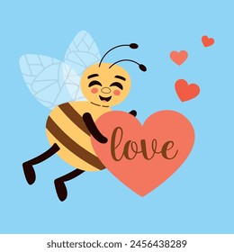 Cute happy bee with heart Cartoon style Emotion Kids Illustration Flat style