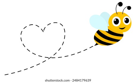 Cute happy bee with heart shape. Bee flying on dotted route. Vector illustration isolated on white background.