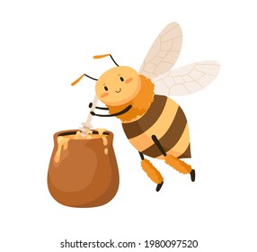 Cute happy bee with honey pot and dipper in paws. Sweet smiling honeybee with adorable face. Childish colored flat cartoon vector illustration of lovely insect isolated on white background