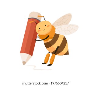 Cute happy bee with huge pencil in tiny paws, writing and drawing smth. Funny adorable honeybee. Childish colored flat cartoon vector illustration of little smiling insect isolated on white background