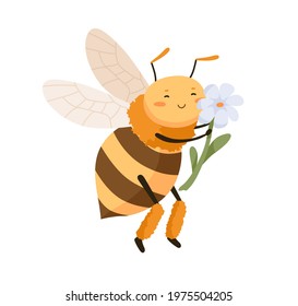 Cute happy bee pollinating and smelling fragrant flower. Adorable honeybee smiling and enjoying. Childish colored flat cartoon vector illustration of funny insect isolated on white background