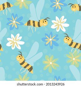 Cute, happy bee vector seamless repeat pattern with flowers scattered on an aqua blue dotted background