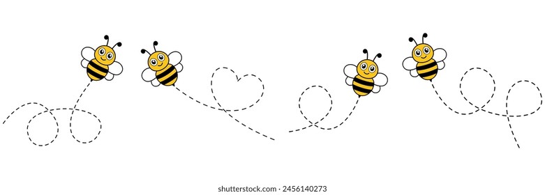 Cute happy bees set. Bee flying on dotted route. Vector illustration isolated on white background.	