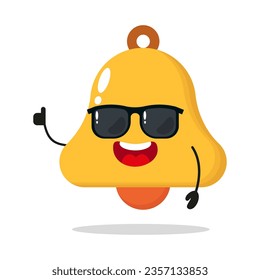 Cute happy bell character wear sunglasses. Funny chime greet friend cartoon emoticon in flat style. bell vector illustration