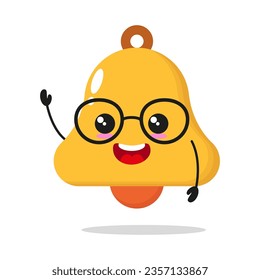 Cute happy bell character wear eyeglasses. Smiling and greet chime cartoon emoticon in flat style. bell vector illustration