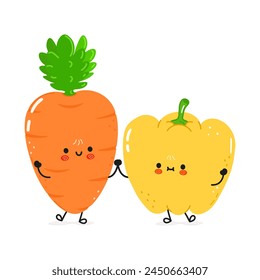 Cute happy Bell pepper and Carrot card. Vector hand drawn doodle style cartoon character illustration icon design. Happy cute Bell pepper and Carrot friends concept card