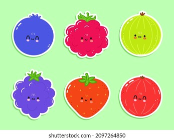 Cute happy berries icons set. Vector hand drawn trendy cartoon character illustration. Set of berries for a postcard, concept of a set of label