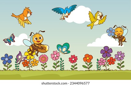 cute happy bird bee buterfly.butterfly bee and birds in nature landscape