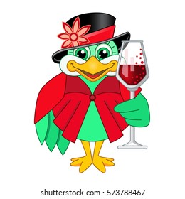 A Cute, Happy Bird Wearing a Red Dress Holding a Glass of Red Wine. White Background.