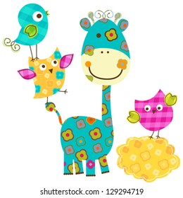 Cute Happy Birds And  Giraffe