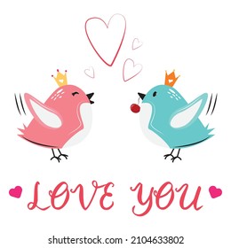 Cute happy birds in love. Pink and blue birds in the air. Happy Valentine's day. For print, cards, banners, posters. 