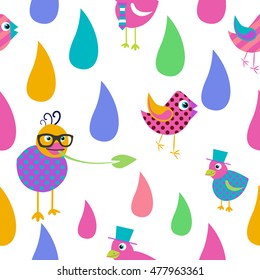 Cute happy birds pattern. Flat design repeat seamless background. Vector illustration.