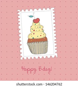 cute happy birth card with cake. vector illustration