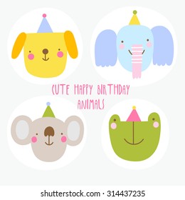 Cute Happy Birthday animal characters. Funny dog, koala, elephant and frog in party hats. Vector smiley festive animal faces.