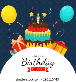 Cute Happy Birthday Background with Gift Box, Cake and Candles. Design Element for Party Invitation, Congratulation. Vector Illustration