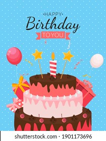 Cute Happy Birthday Background with Gift Box, Cake and Candles. Design Element for Party Invitation, Congratulation. Vector Illustration