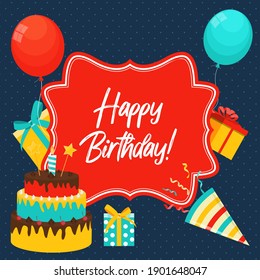 Cute Happy Birthday Background with Gift Box, Cake and Candles. Design Element for Party Invitation, Congratulation. Vector Illustration