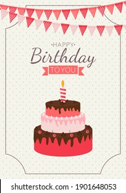 Cute Happy Birthday Background with Gift Box, Cake and Candles. Design Element for Party Invitation, Congratulation. Vector Illustration