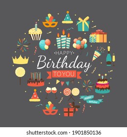Cute Happy Birthday Background with Gift Box, Cake and Candles and other Design Element for Party Invitation, Congratulation. Vector Illustration