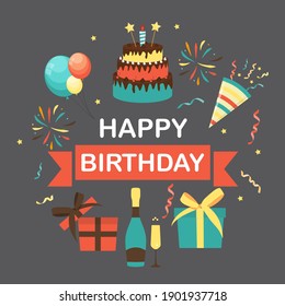 Cute Happy Birthday Background with Gift Box, Cake and Candles and other Design Element for Party Invitation, Congratulation. Vector Illustration