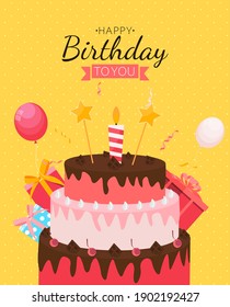 Cute Happy Birthday Background with Gift Box, Cake and Candles. Design Element for Party Invitation, Congratulation. Vector Illustration