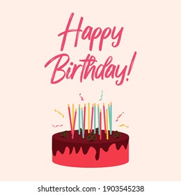 Cute Happy Birthday Background with Gift Box, Cake and Candles. Design Element for Party Invitation, Congratulation. Vector Illustration