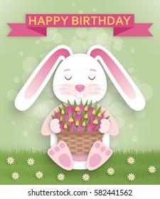 Cute Happy Birthday background in paper art style. Vector illustration.