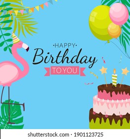 Cute Happy Birthday Background with PInk Flamingo, Cake and Candles. Design Element for Party Invitation, Congratulation. Vector Illustration