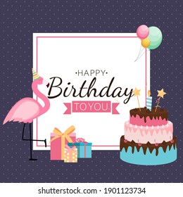 Cute Happy Birthday Background with PInk Flamingo, Cake and Candles. Design Element for Party Invitation, Congratulation. Vector Illustration
