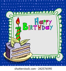 cute happy birthday cake candle card. Vector illustration