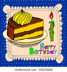 cute happy birthday cake candle card. Vector illustration